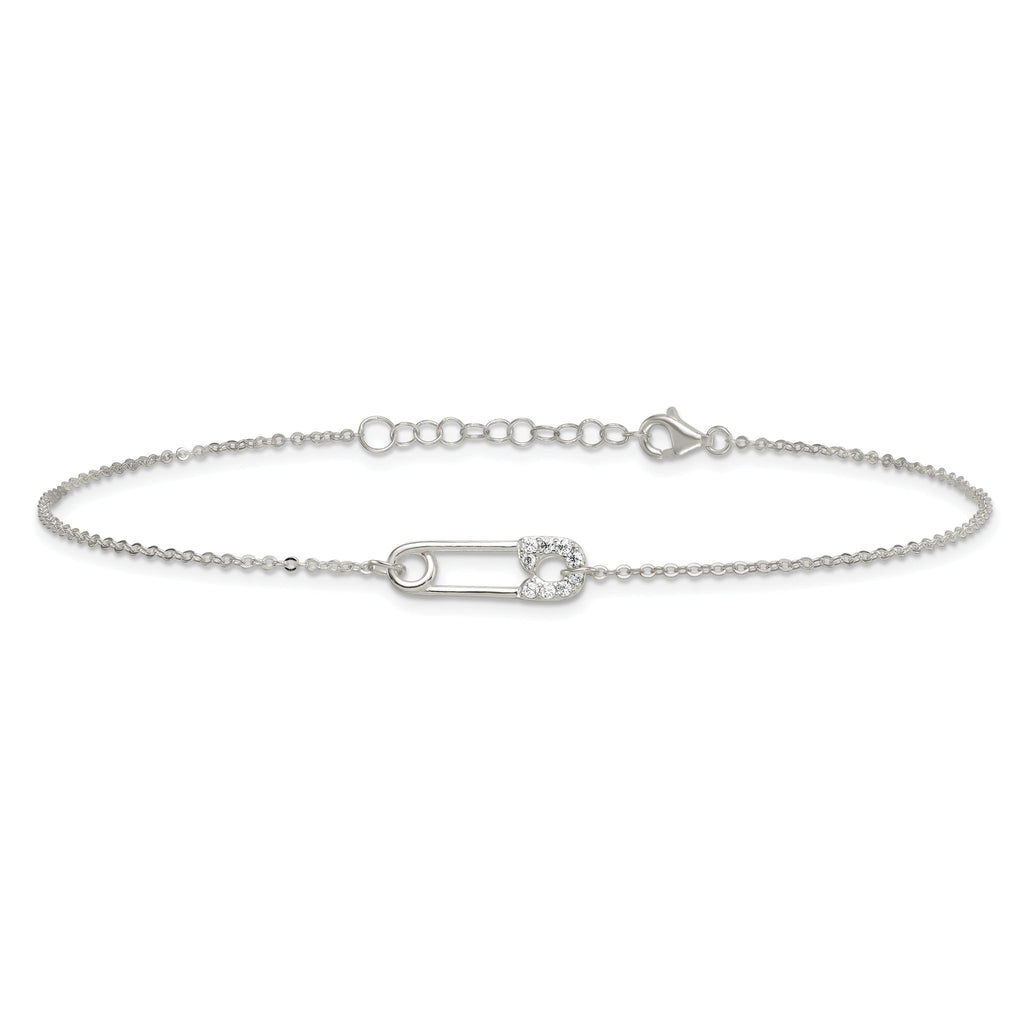 Sterling Silver CZ Safety Pin 9 Inch Plus 1 Inch Extender - Total 10 inch Anklet