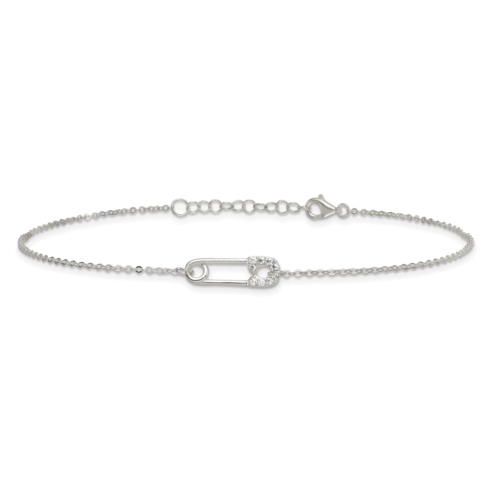 Sterling Silver CZ Safety Pin 9 Inch Plus 1 Inch Extender - Total 10 inch Anklet