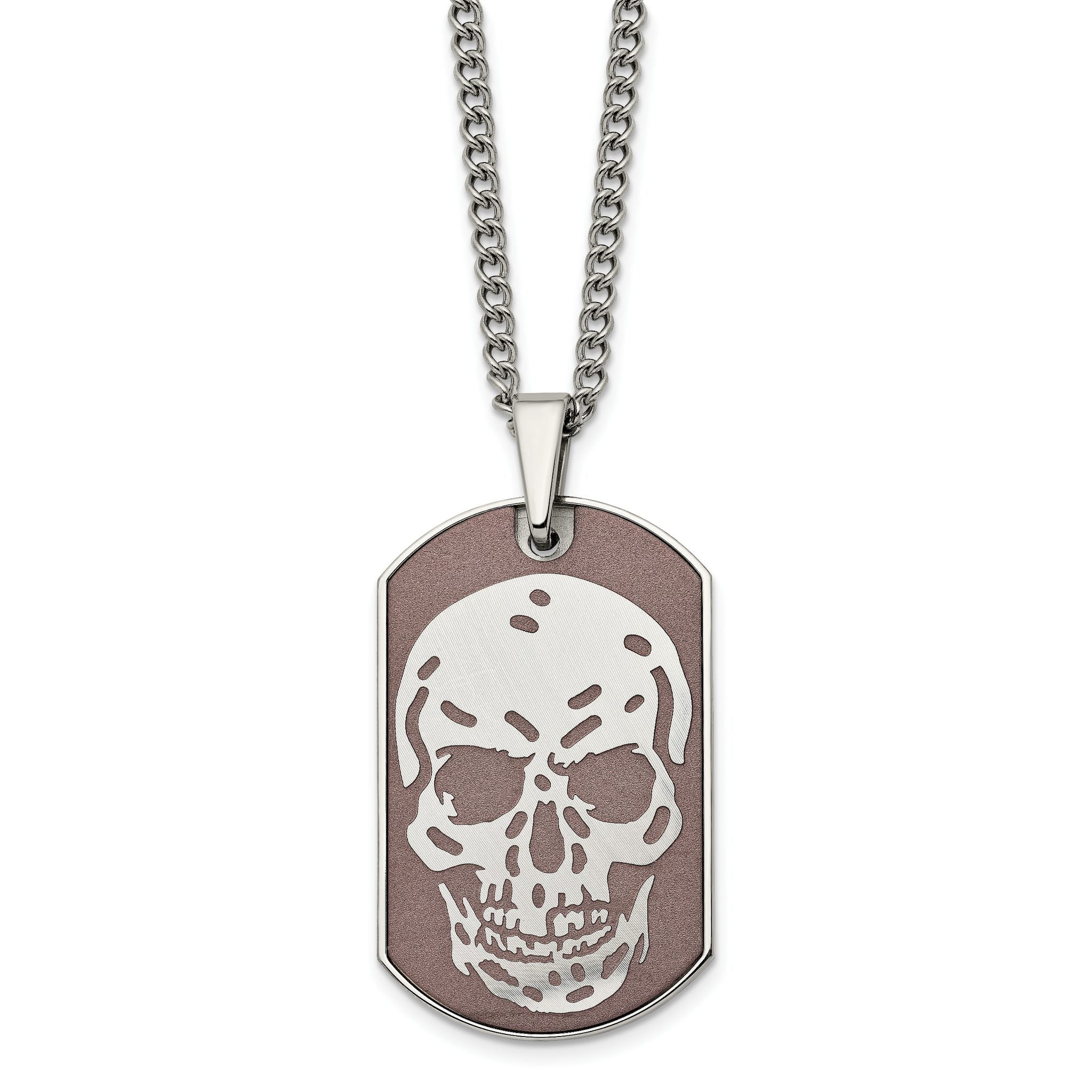 Stainless Steel Polished Brown IP-plated Skull Dog Tag 24 inch Necklace Main image