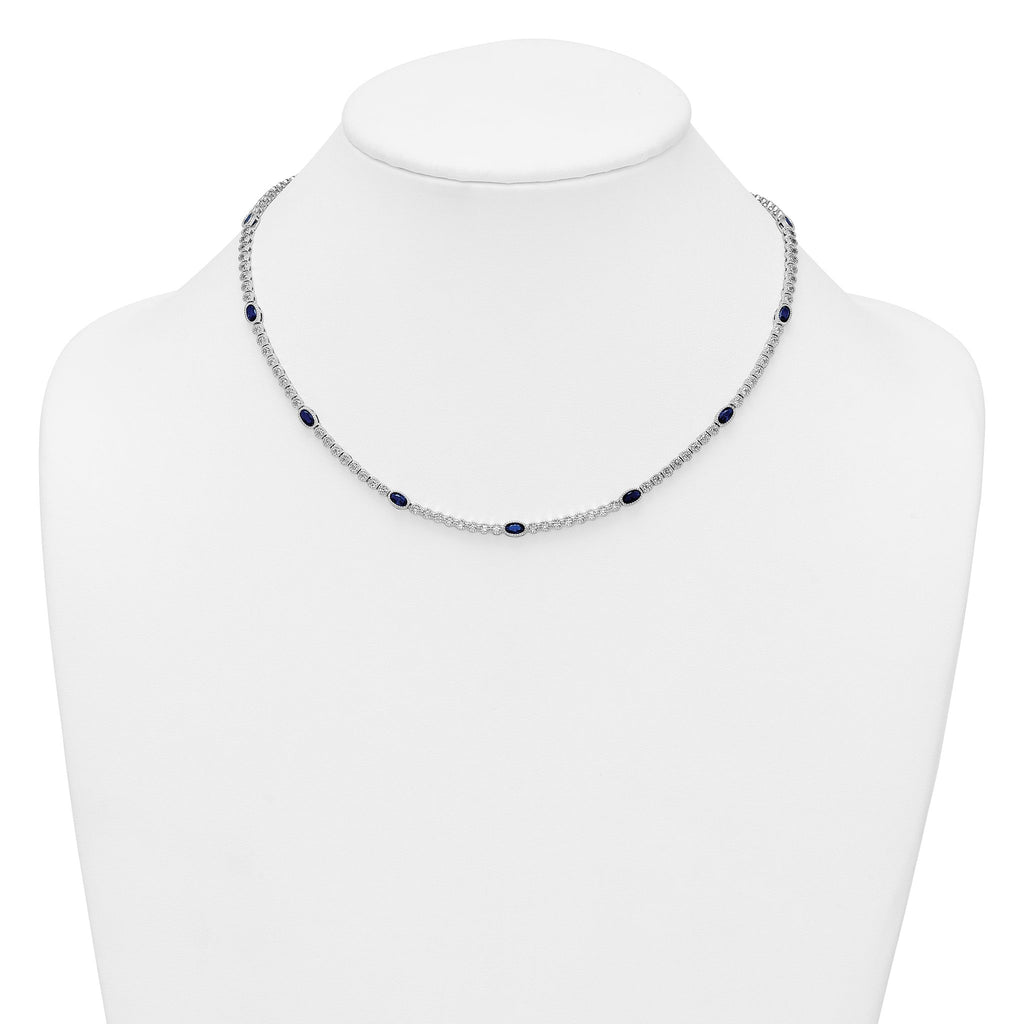 Sterling Silver Rhodium-plated Polished and Beaded Fancy Oval Blue and Round White CZ 17 Inch Necklace