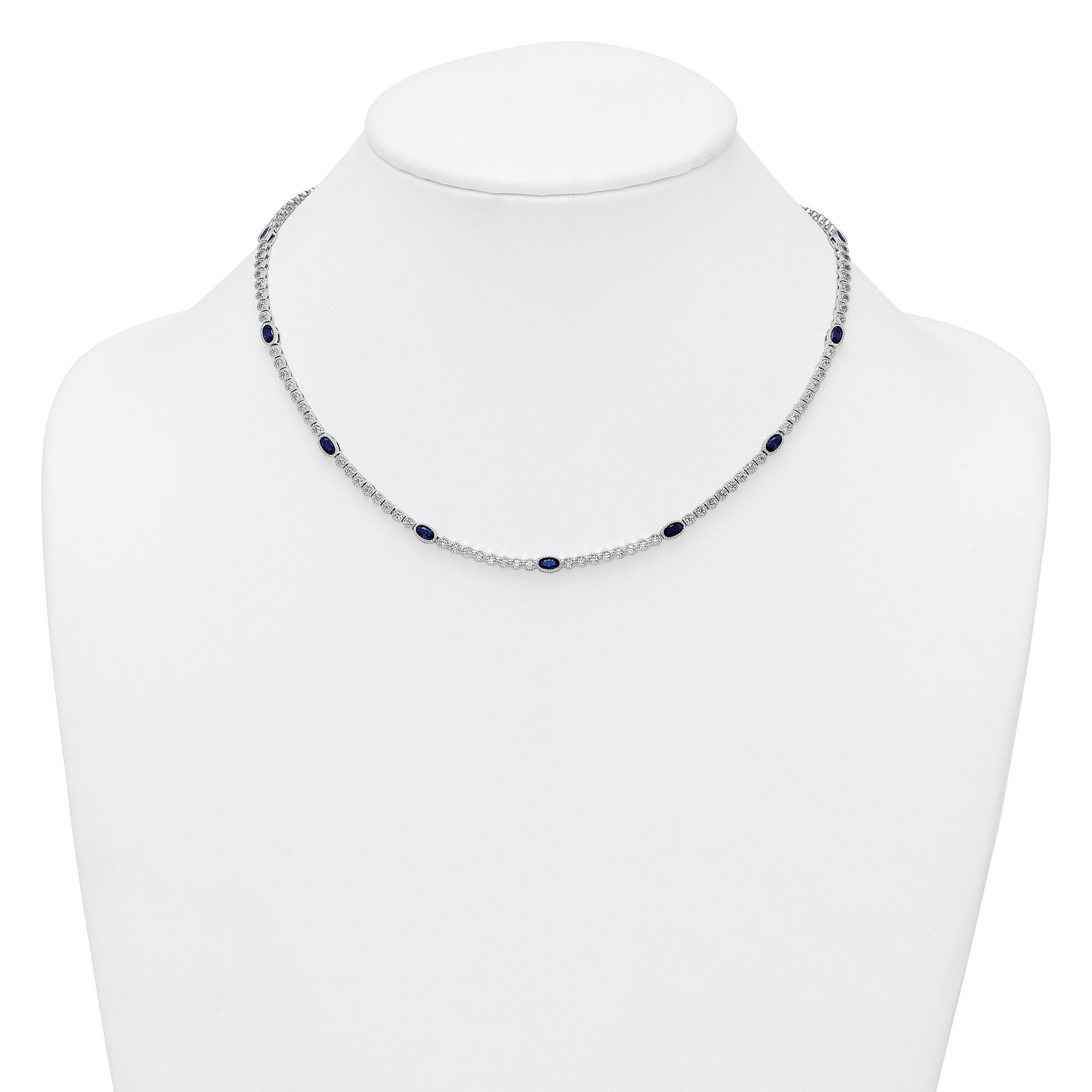 Sterling Silver Rhodium-plated Polished and Beaded Fancy Oval Blue and Round White CZ 17 Inch Necklace
