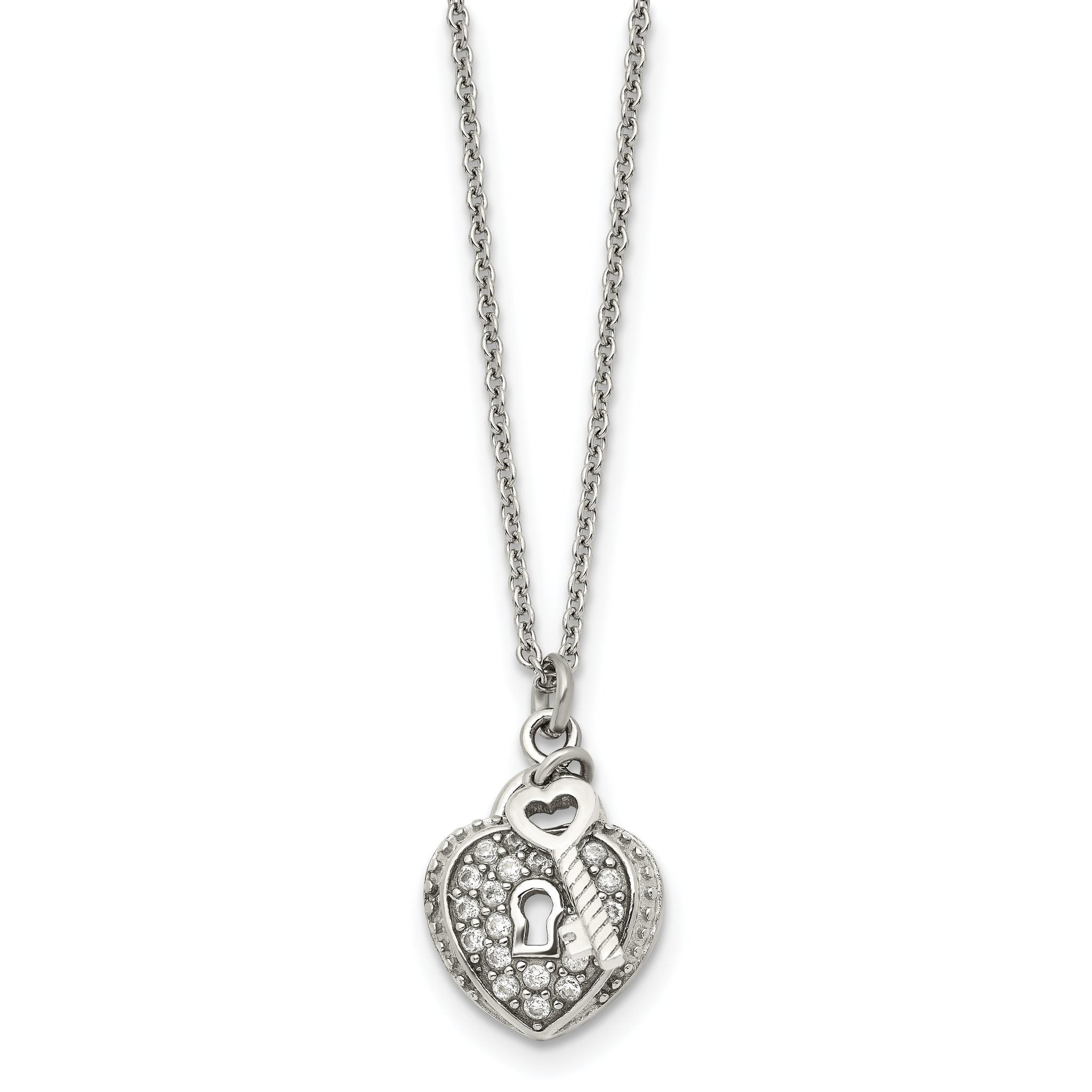 Chisel Stainless Steel Polished CZ Heart Lock and Key 2-Piece Moveable Pendant on an 18 inch Cable Chain Necklace Main image