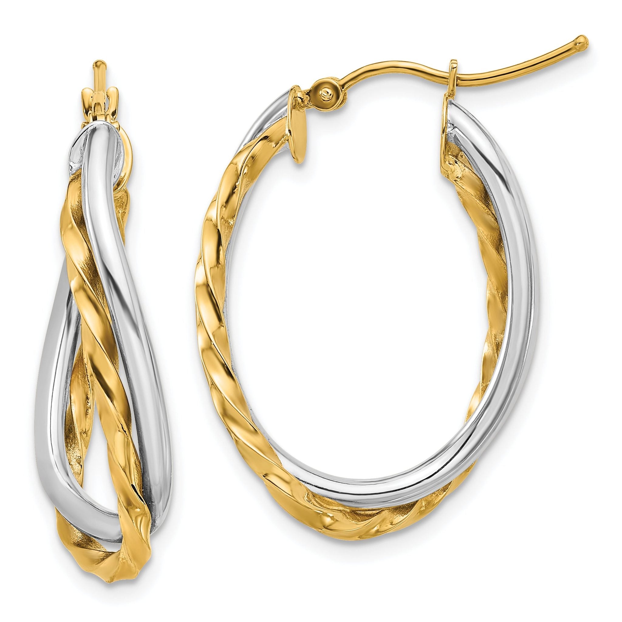 14k Two-Tone Textured and Polished Twist Oval Hoop Earrings Main image