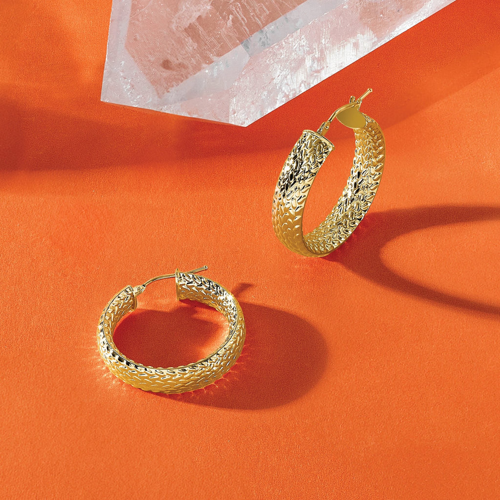 14K Polished Weave Design Round Hoop Earrings
