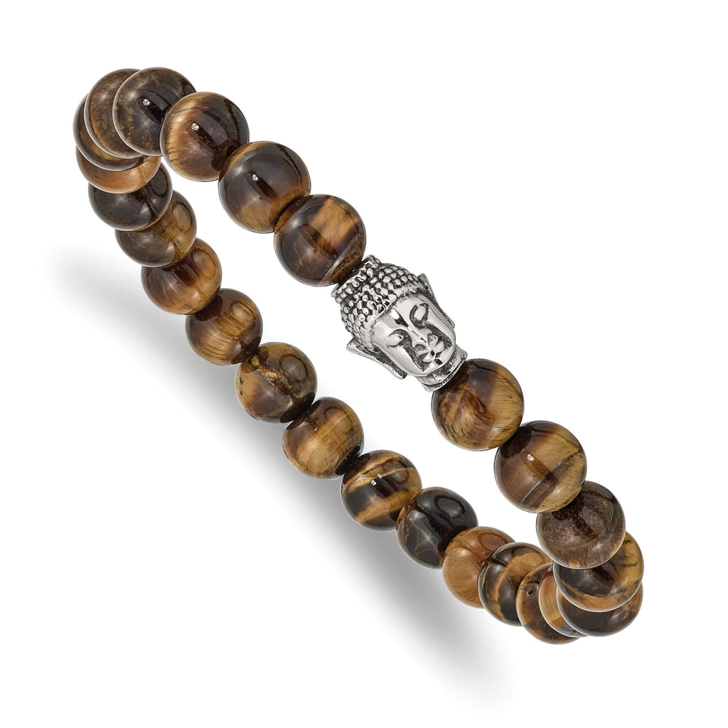 Stainless Steel Antiqued and Polished Buddha 8mm Tiger's Eye Beaded Stretch Bracelet for Men