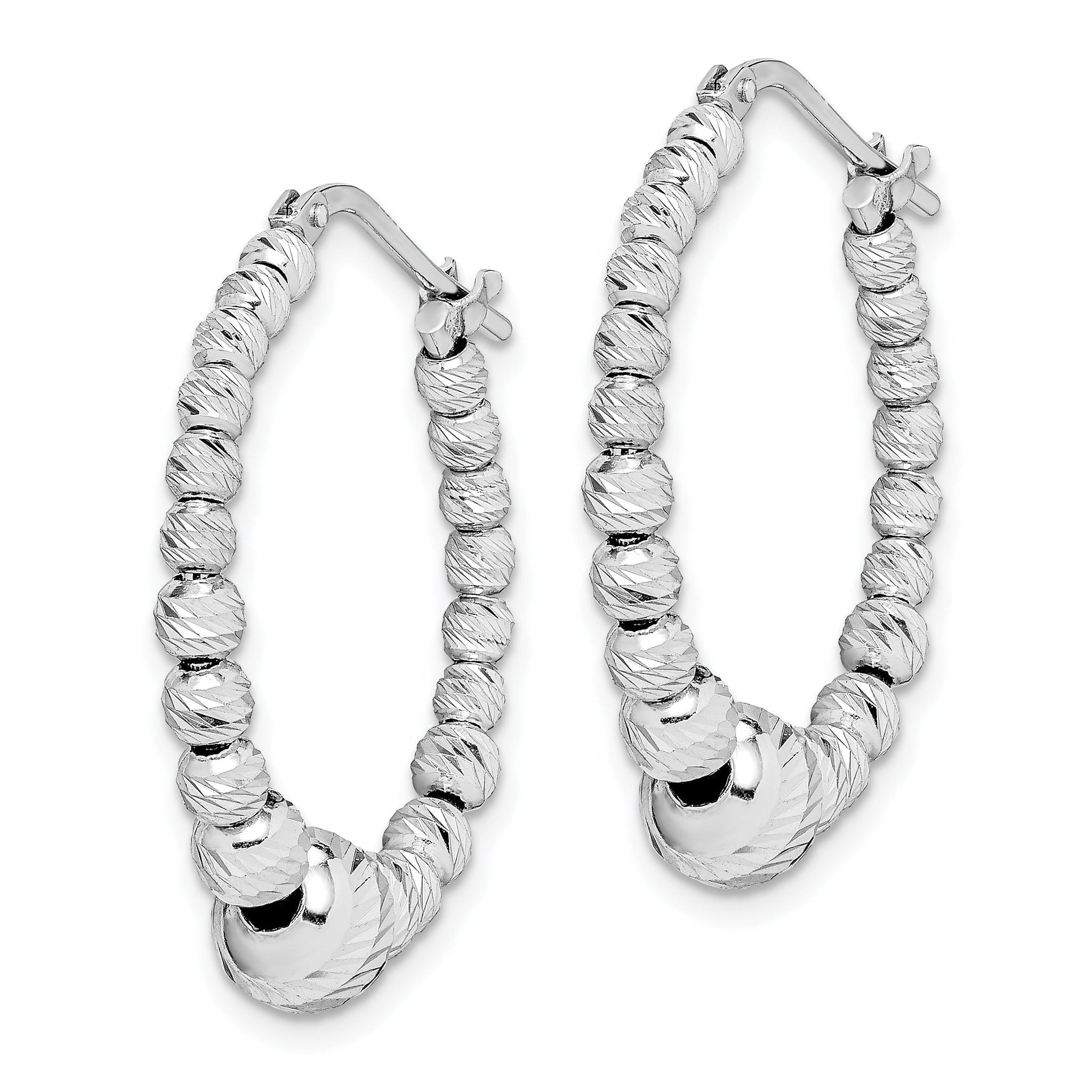 Sterling Silver Rhodium-Plated Beaded Hoop Earrings with Diamond-Cut Finish Secondary image