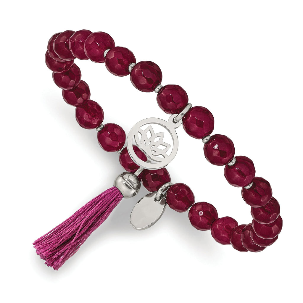 Stainless Steel Polished Lotus 6mm Pink Jade Beaded Stretch Bracelet with Tassel for Women