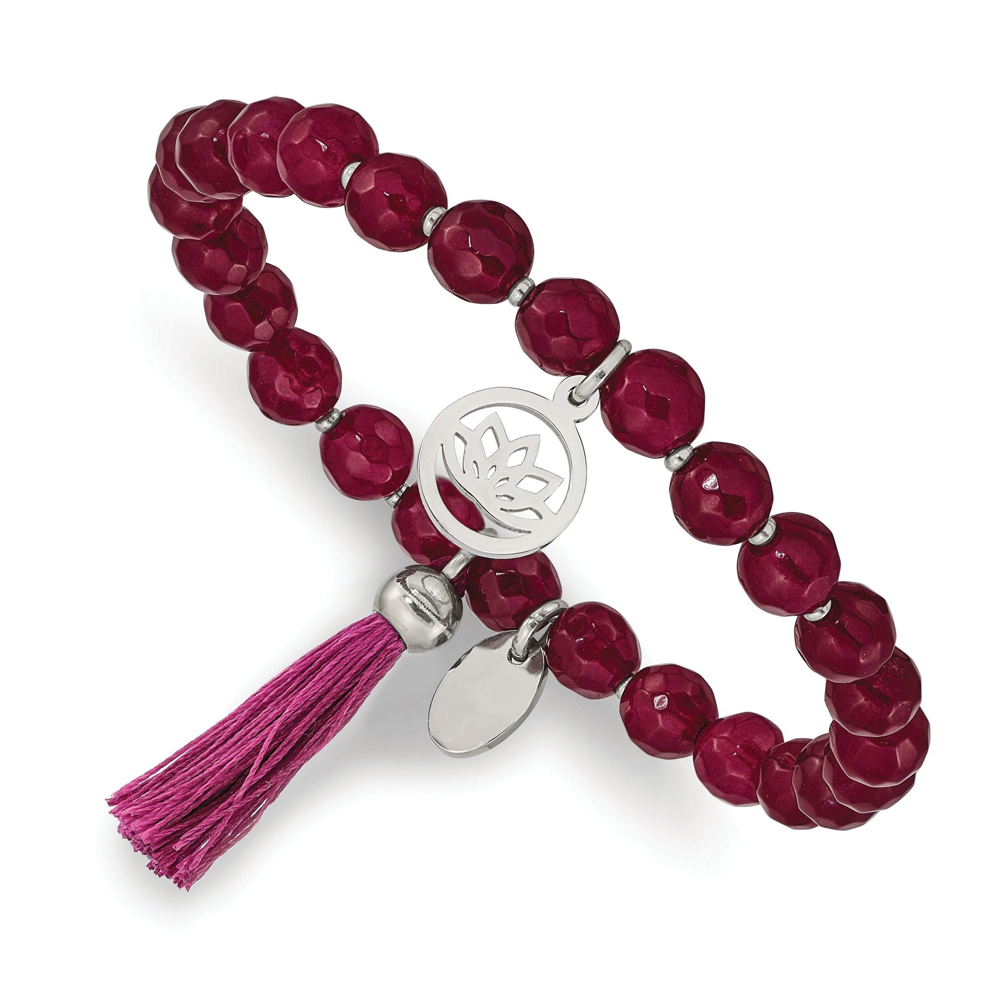 Stainless Steel Polished Lotus 6mm Pink Jade Beaded Stretch Bracelet with Tassel for Women