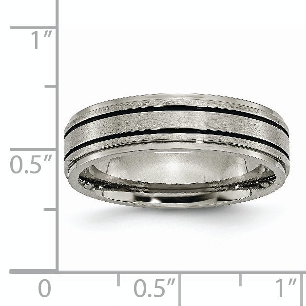 Black Enamel Ridged-Edge Wedding Band in Titanium, 6mm