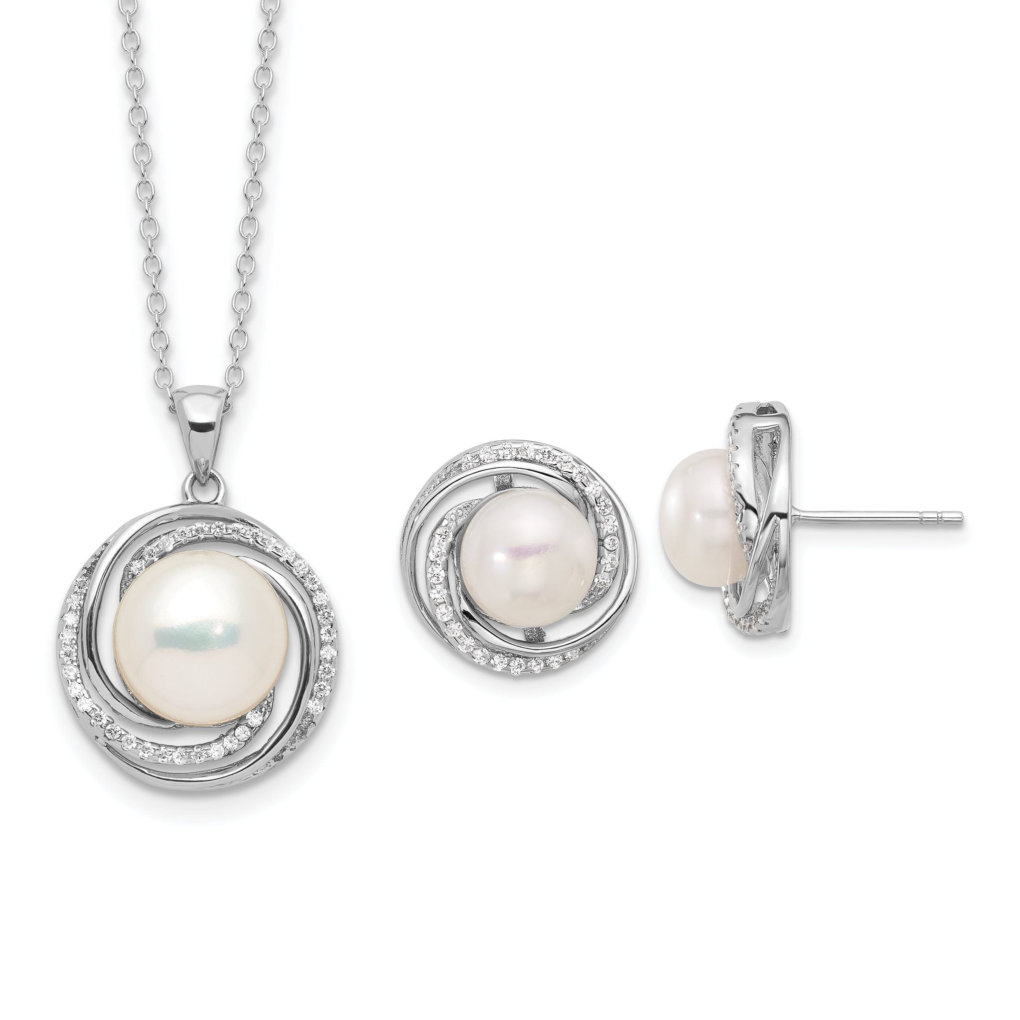 Sterling Silver Rhodium-plated 8-10mm White Button Freshwater Cultured Pearl and CZ 17 inch Necklace and Post Earrings Set Main image