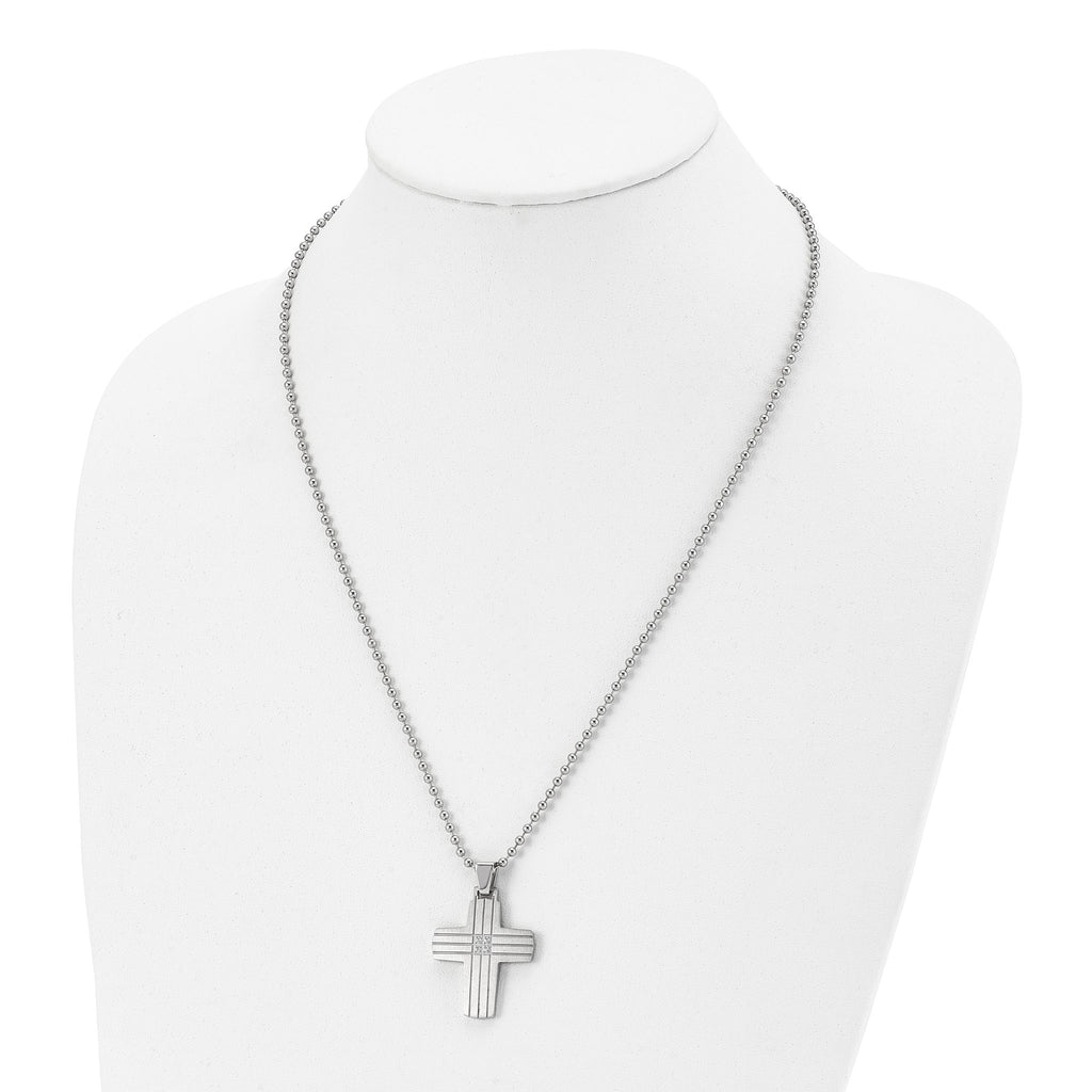 Chisel Stainless Steel Brushed and Polished with CZ Grooved Cross Pendant on a 22 inch Ball Chain Necklace