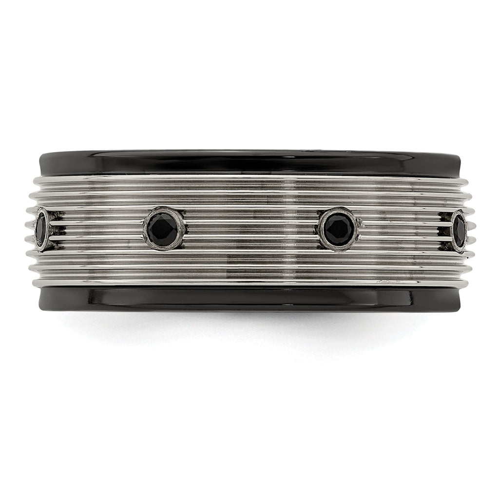 Black Spinel Grooved Wedding Band in Titanium, 9mm