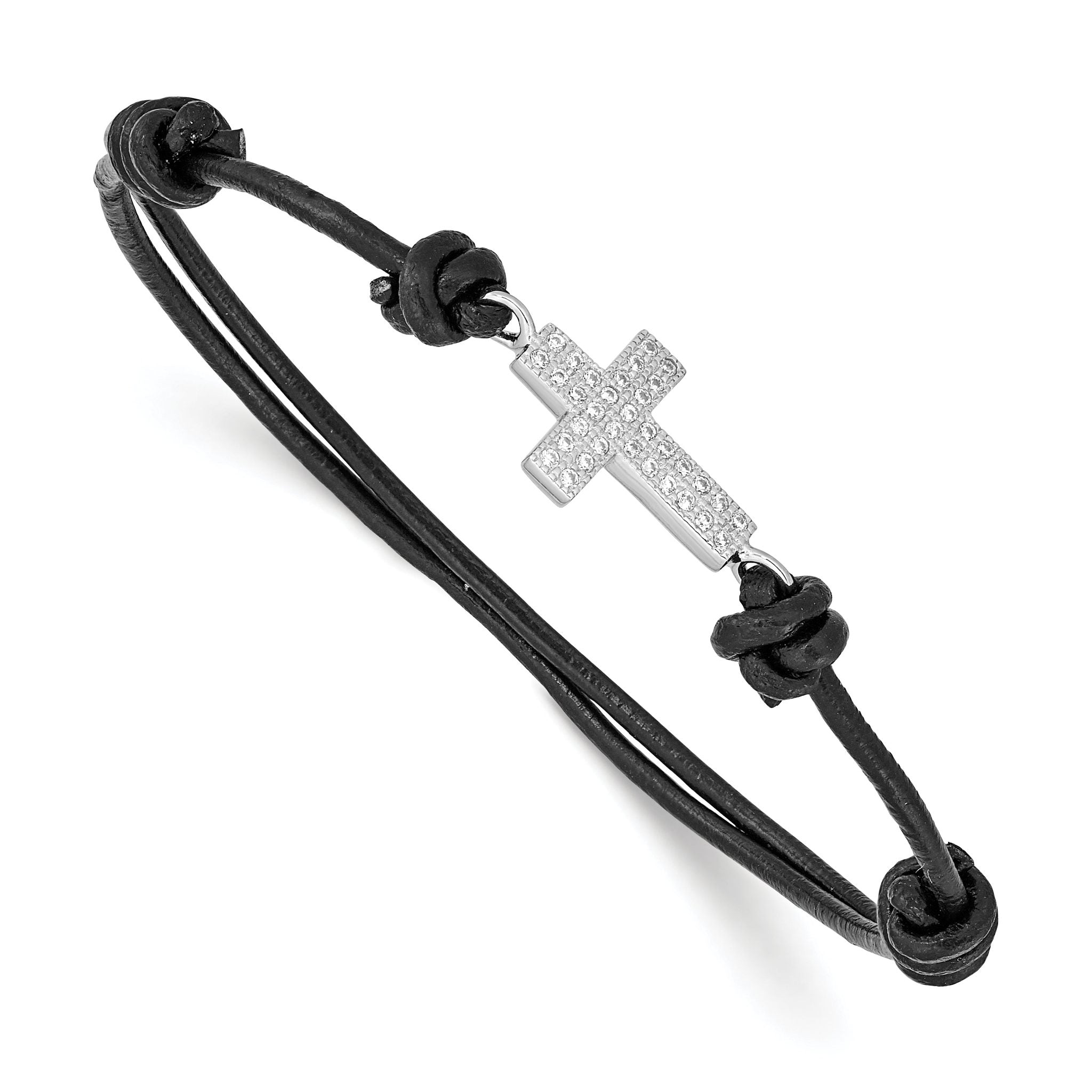 Sterling Silver Rhodium-plated CZ Cross Black Leather Adjustable Bracelet Main image