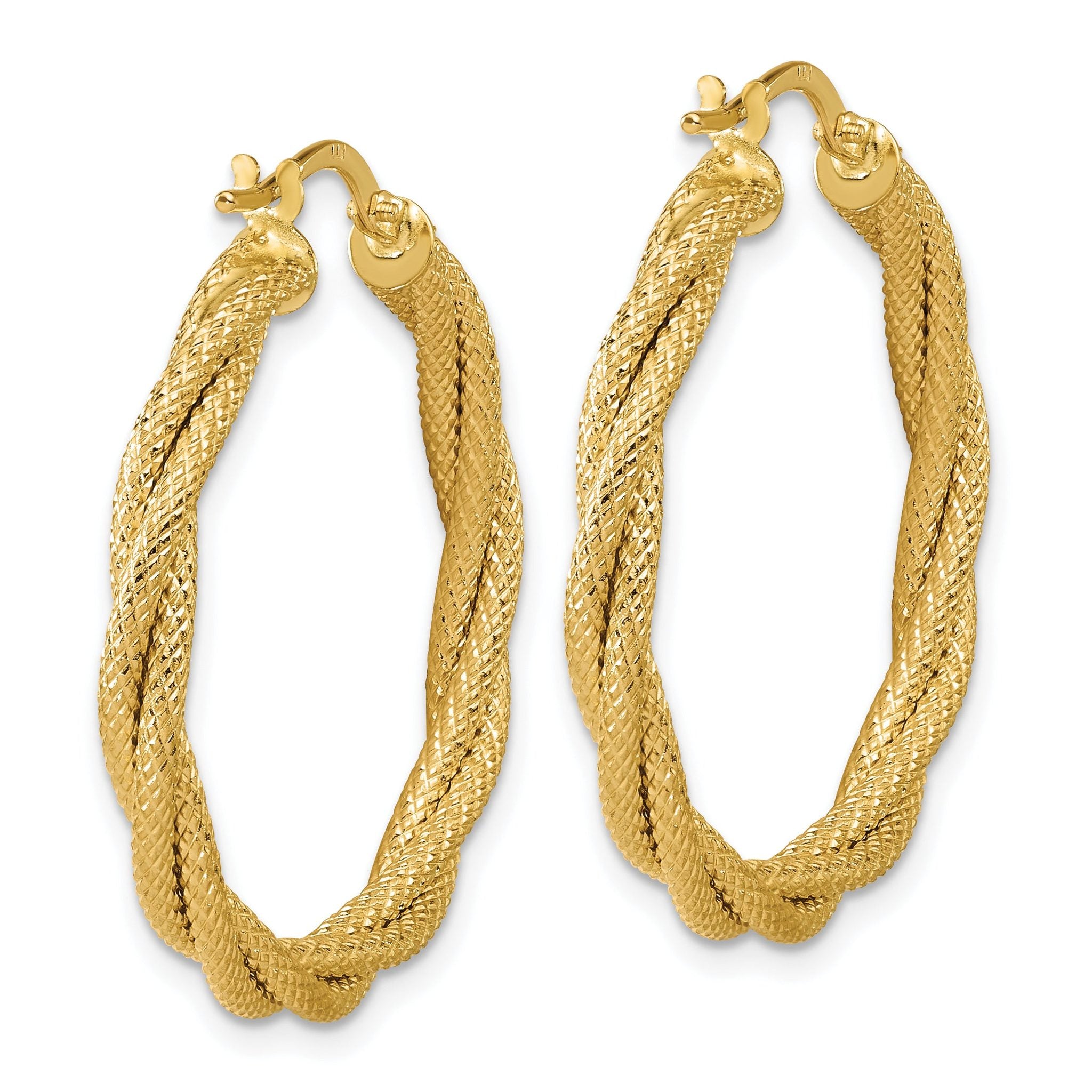 14K Polished and Textured Twisted Round Hoop Earrings