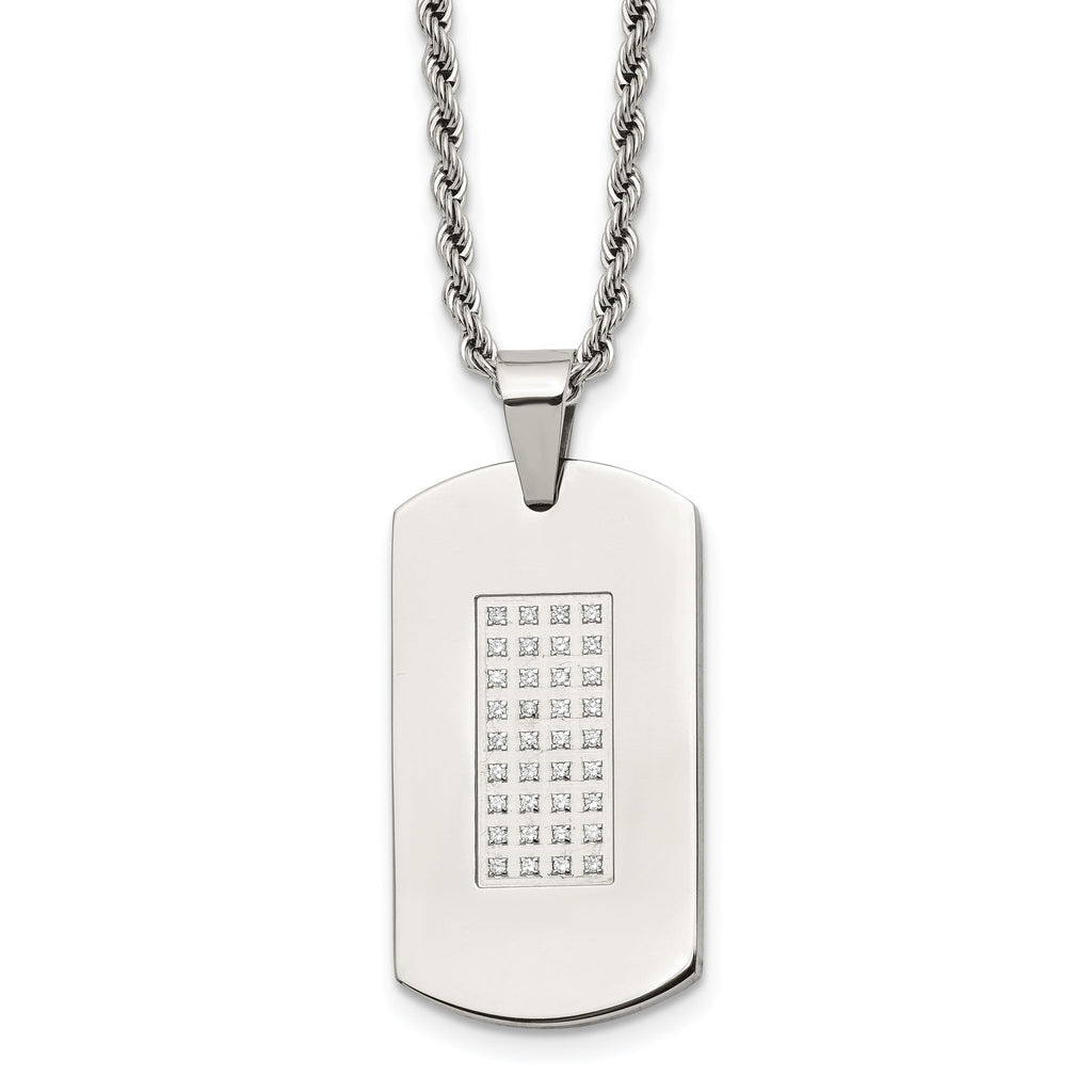 CZ Dog Tag Rope Chain Necklace in Stainless Steel