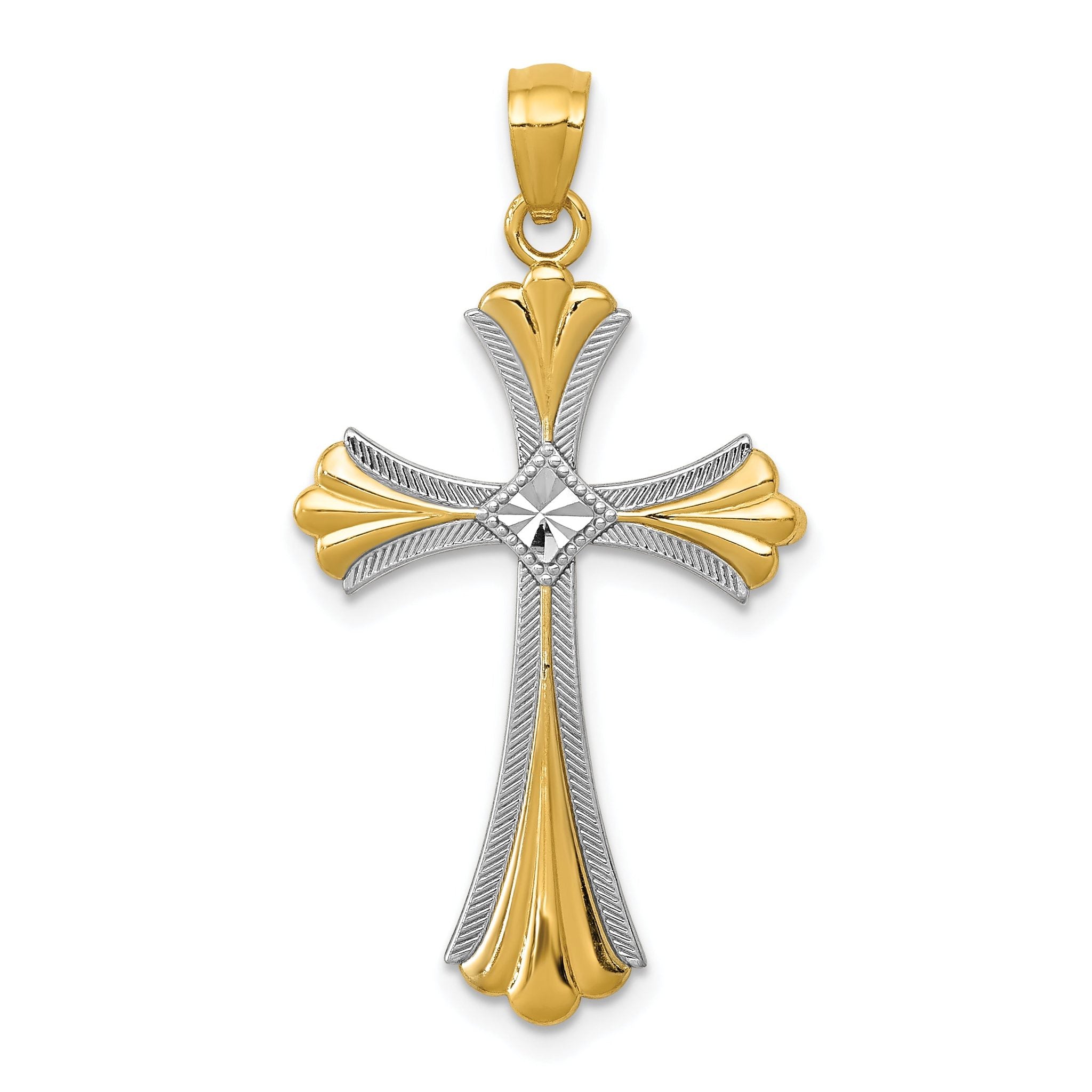 14K Gold Rhodium Diamond-Cut Budded Cross Pendant Elegant, Solid Design Main image