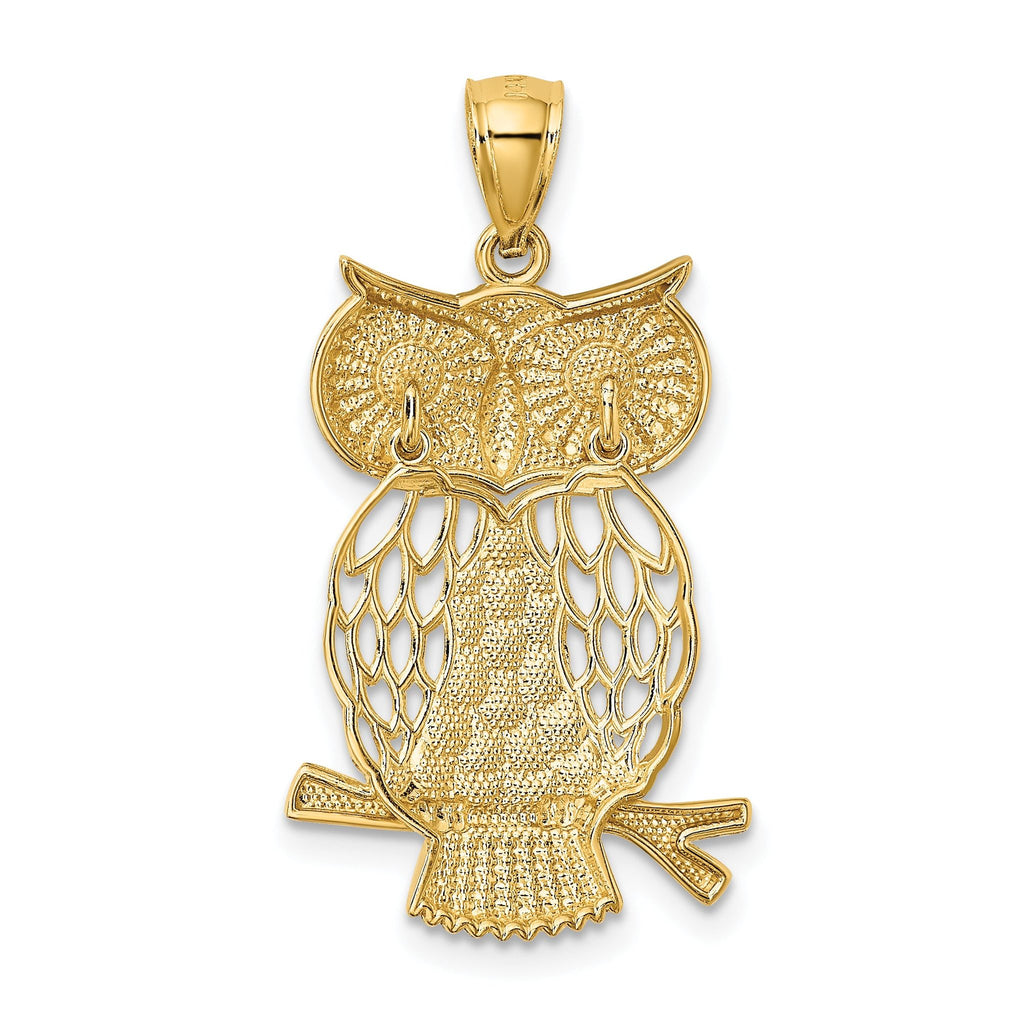 14K Gold Rhodium Diamond-Cut Moveable Owl Pendant Polished Finish