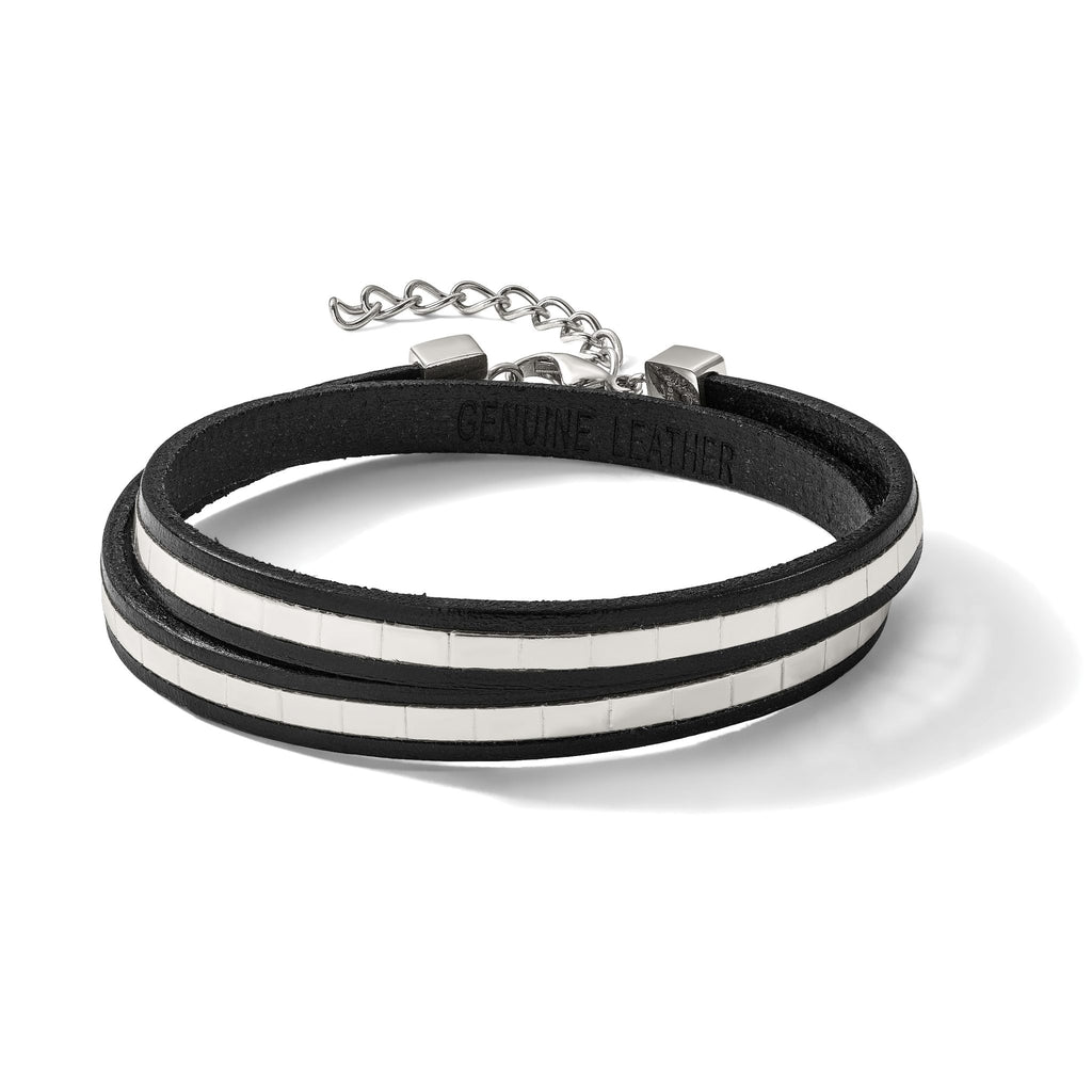 Stainless Steel Polished Italian Leather with ext Wrap Bracelet