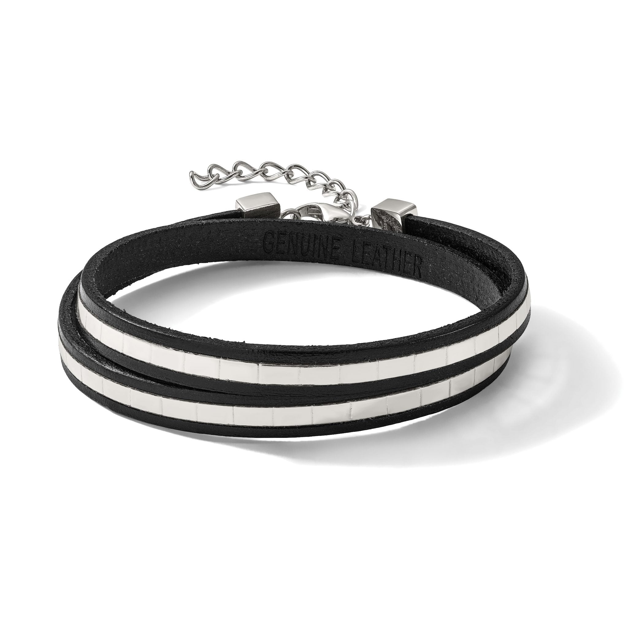 Stainless Steel Polished Italian Leather with ext Wrap Bracelet