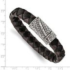 Stainless Steel Antiqued and Polished Sword Black and Brown Braided Leather Bracelet for Men