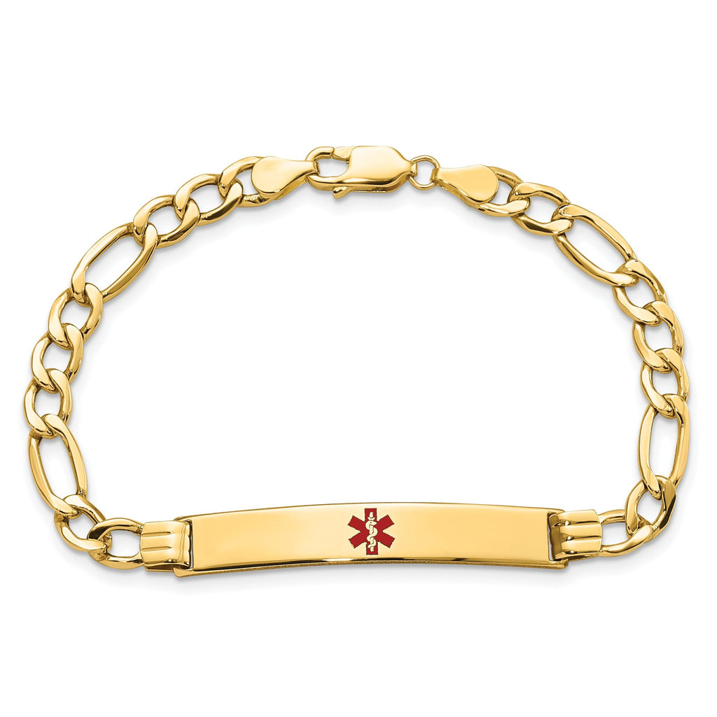 14K Medical Semi-Solid Chain/Solid Plate 37x6mm Centered Red Enamel Figaro Link 7 inch ID Bracelet