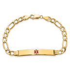 14K Medical Semi-Solid Chain/Solid Plate 37x6mm Centered Red Enamel Figaro Link 7 inch ID Bracelet