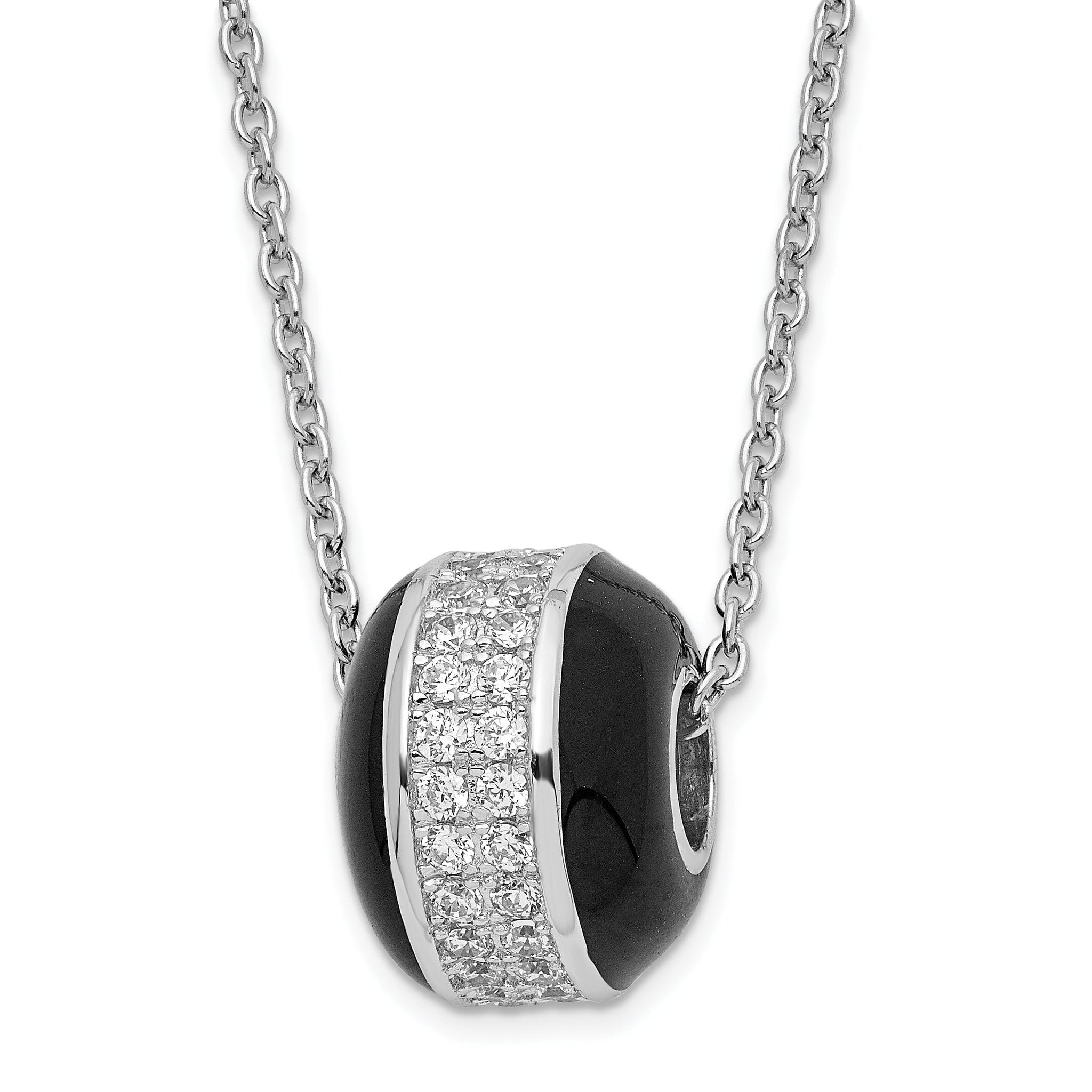 Sterling Silver Black Enamel CZ Bead Necklace with Polished Finish Main image