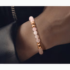 Stainless Steel Polished Rose IP-plated 6mm Pink Quartz Beaded Stretch Bracelet for Women