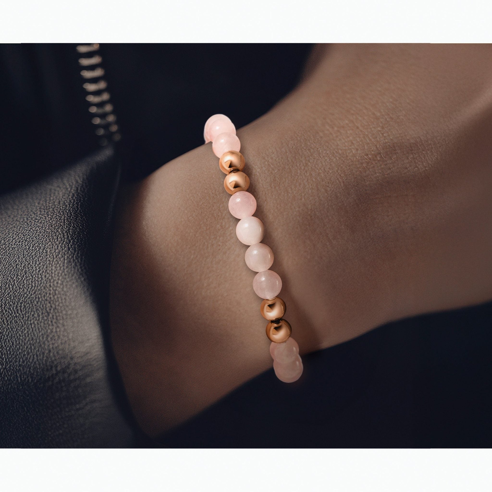 Stainless Steel Polished Rose IP-plated 6mm Pink Quartz Beaded Stretch Bracelet for Women