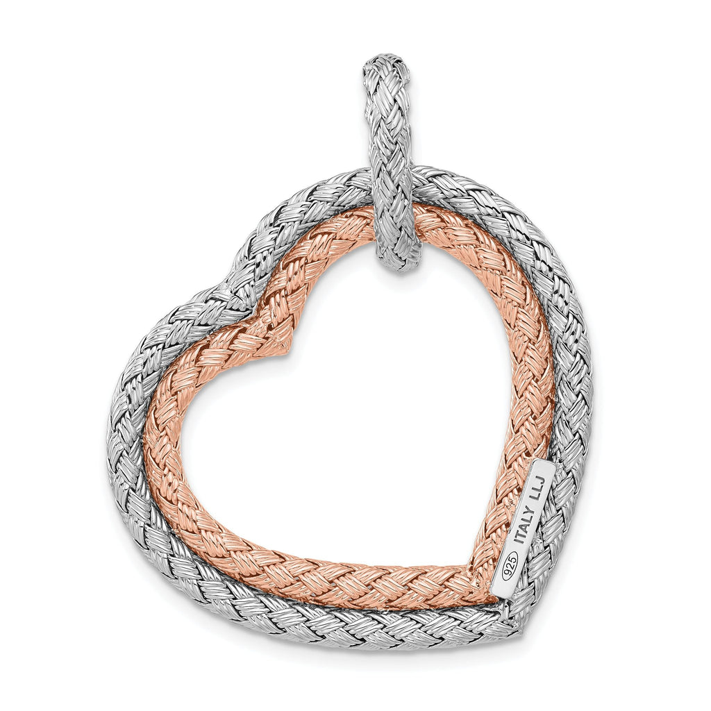Sterling Silver Rh-plat and Rose-plated Woven Hearts Pendant