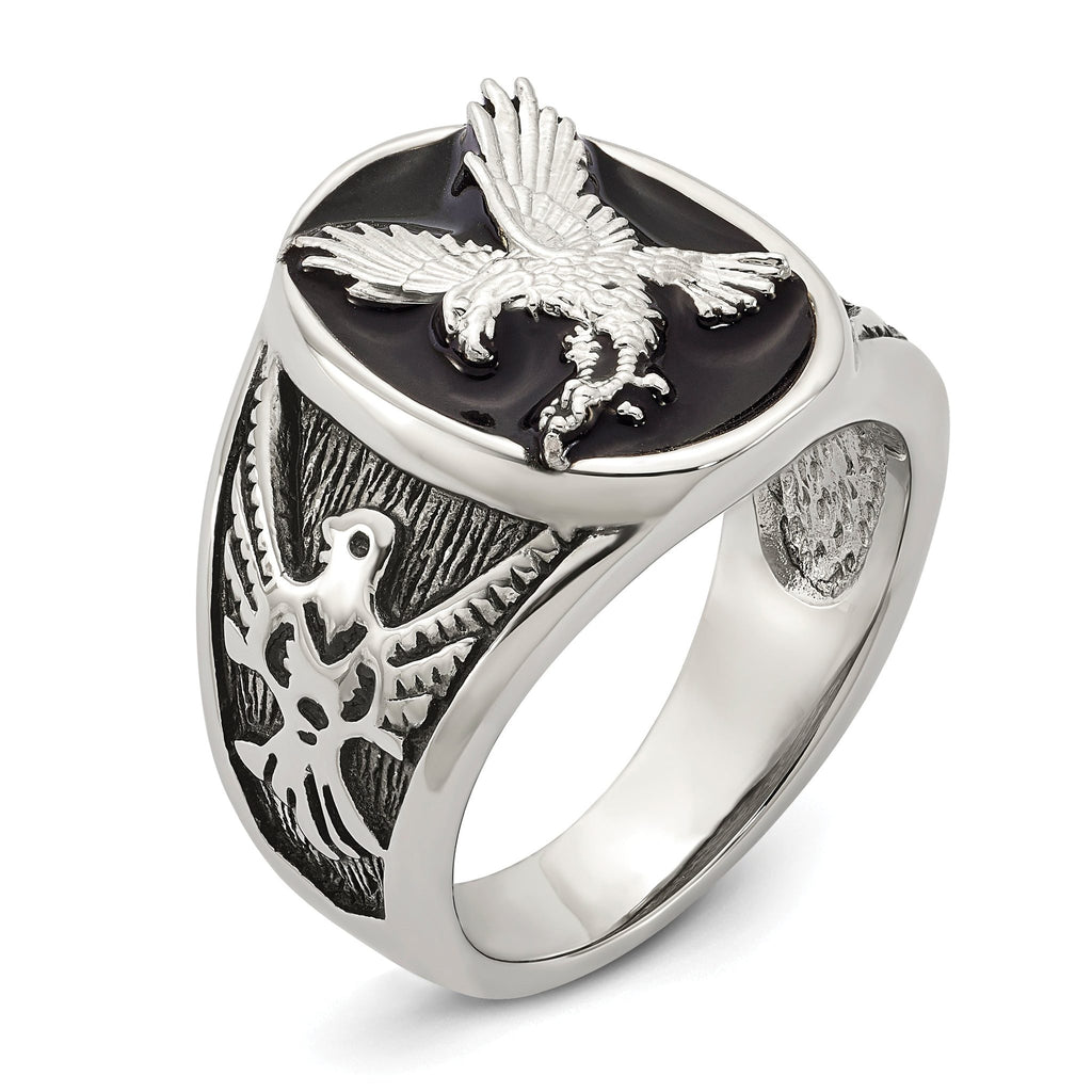 Chisel Stainless Steel Polished and Textured Enameled Eagle Ring