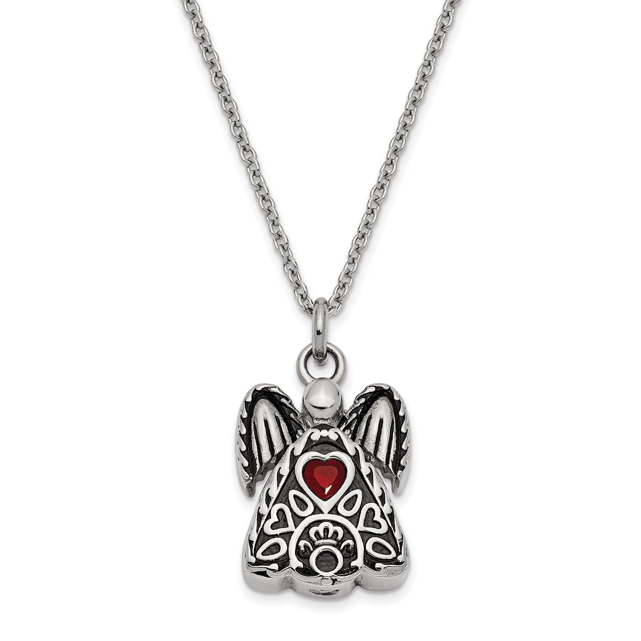 Sentimental Expressions Stainless Steel Red CZ July Birthstone Antiqued Angel Ash Holder 18 Inch Necklace Main image