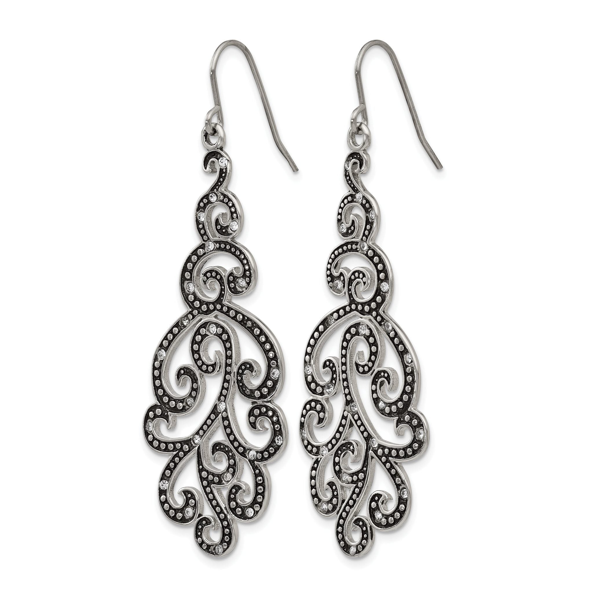 Stainless Steel Polished & Antiqued Crystal Drop Dangle Earrings for Women Secondary image