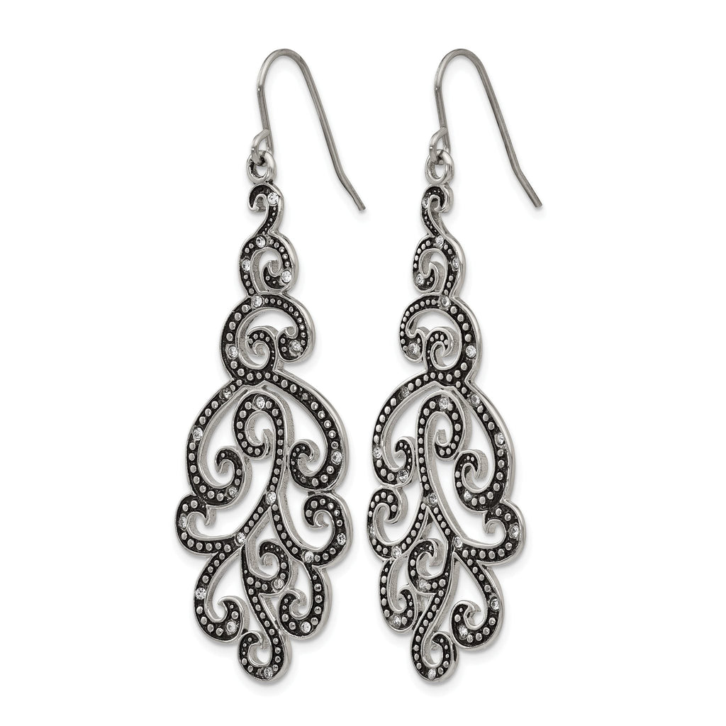 Stainless Steel Polished & Antiqued Crystal Drop Dangle Earrings for Women