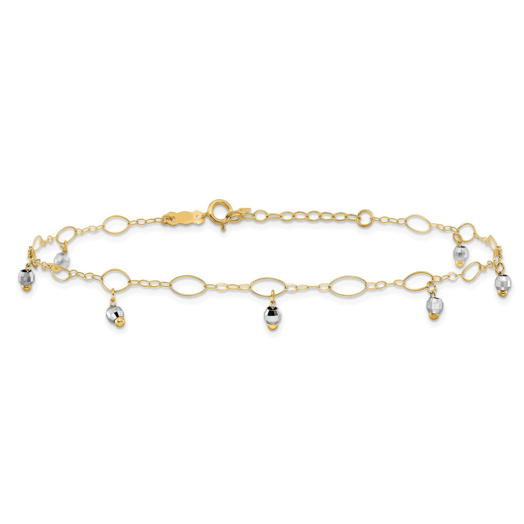 14K Two-Tone Mirror Bead Dangles 9 inch Plus 1 inch Extender - Total 10 inch Anklet