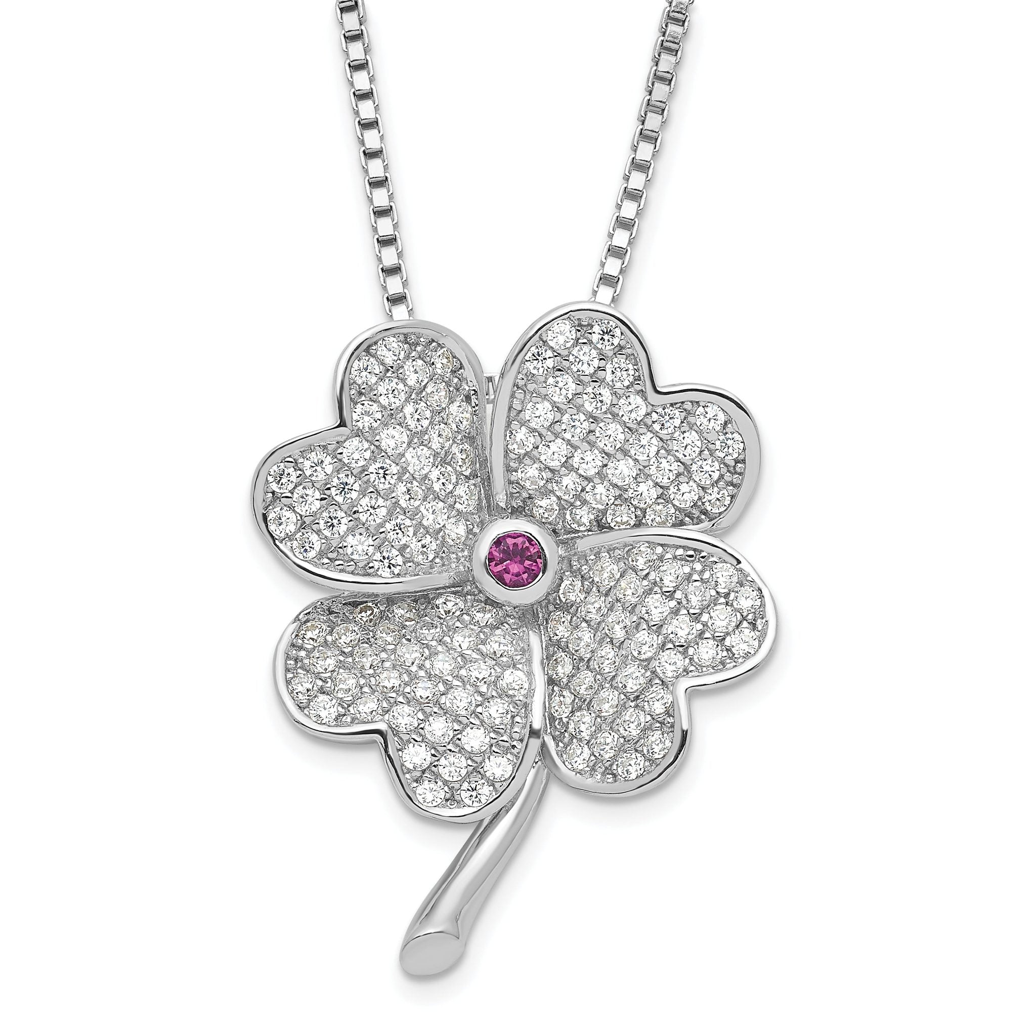 Sterling Silver CZ & Red Corundum Clover Necklace Elegant 925 Polished Finish Main image