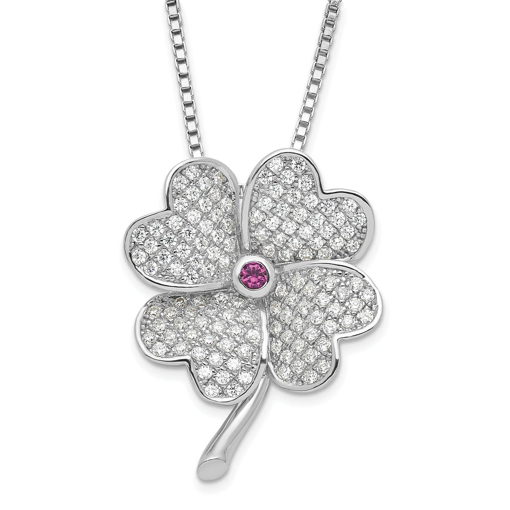 Sterling Silver CZ & Red Corundum Clover Necklace Elegant 925 Polished Finish