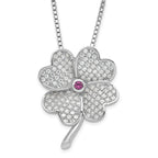 Sterling Silver CZ & Red Corundum Clover Necklace Elegant 925 Polished Finish