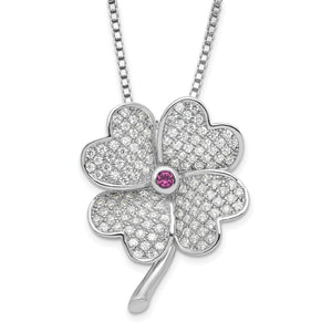 Cubic Zirconia & Red Corundum Clover Necklace in Sterling Silver, 18 Inch - Sophia Jewelers