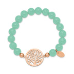 Stainless Steel Polished Rose IP-plated Tree of Life 8mm Green Dyed Jade Beaded Stretch Bracelet for Women