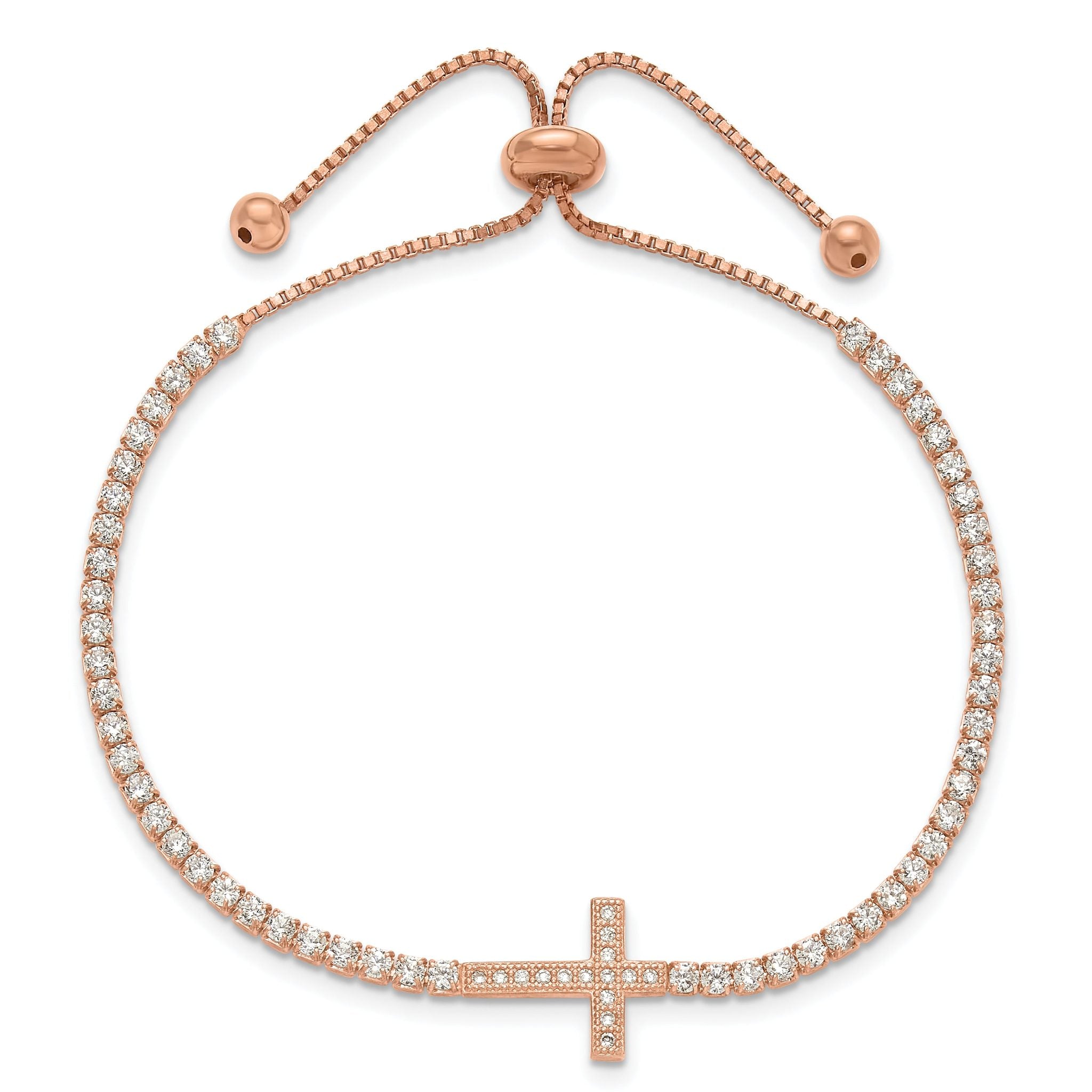 Sterling Silver Rose-tone CZ Sideways Cross Adjustable Bracelet Secondary image