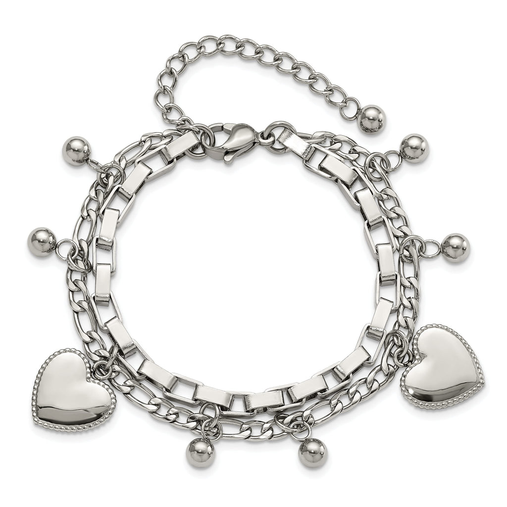 Stainless Steel Polished Hearts and Beads Multi Chain Bracelet with Extension for Women