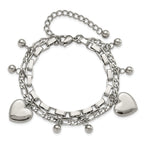 Stainless Steel Polished Hearts and Beads Multi Chain Bracelet with Extension for Women