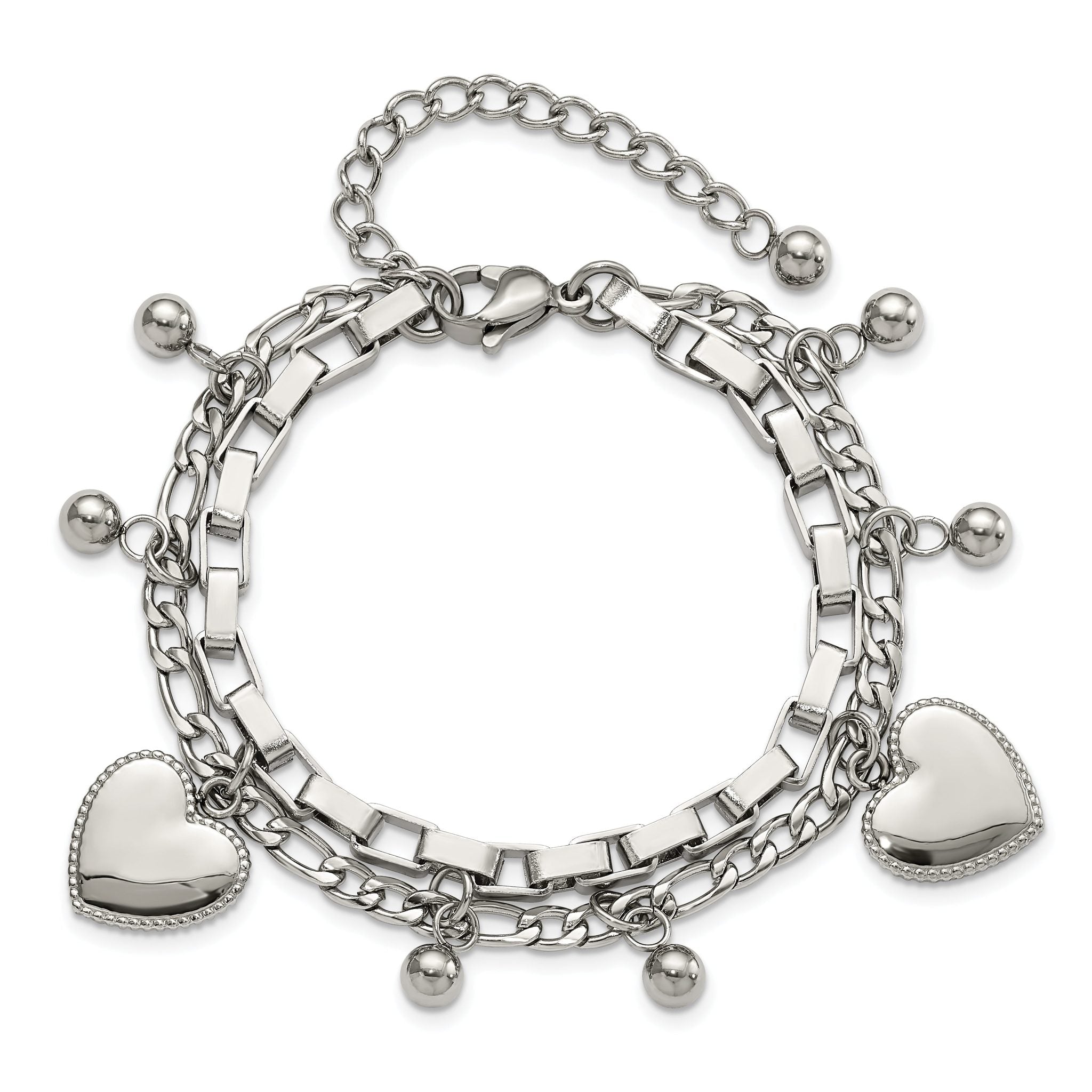 Stainless Steel Polished Hearts and Beads Multi Chain Bracelet with Extension for Women