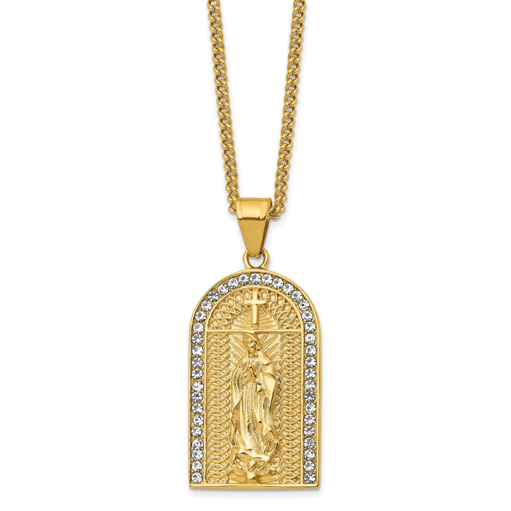 Chisel Stainless Steel Polished Yellow IP-plated with Crystal Blessed Mary Pendant on a 24 inch Curb Chain Necklace