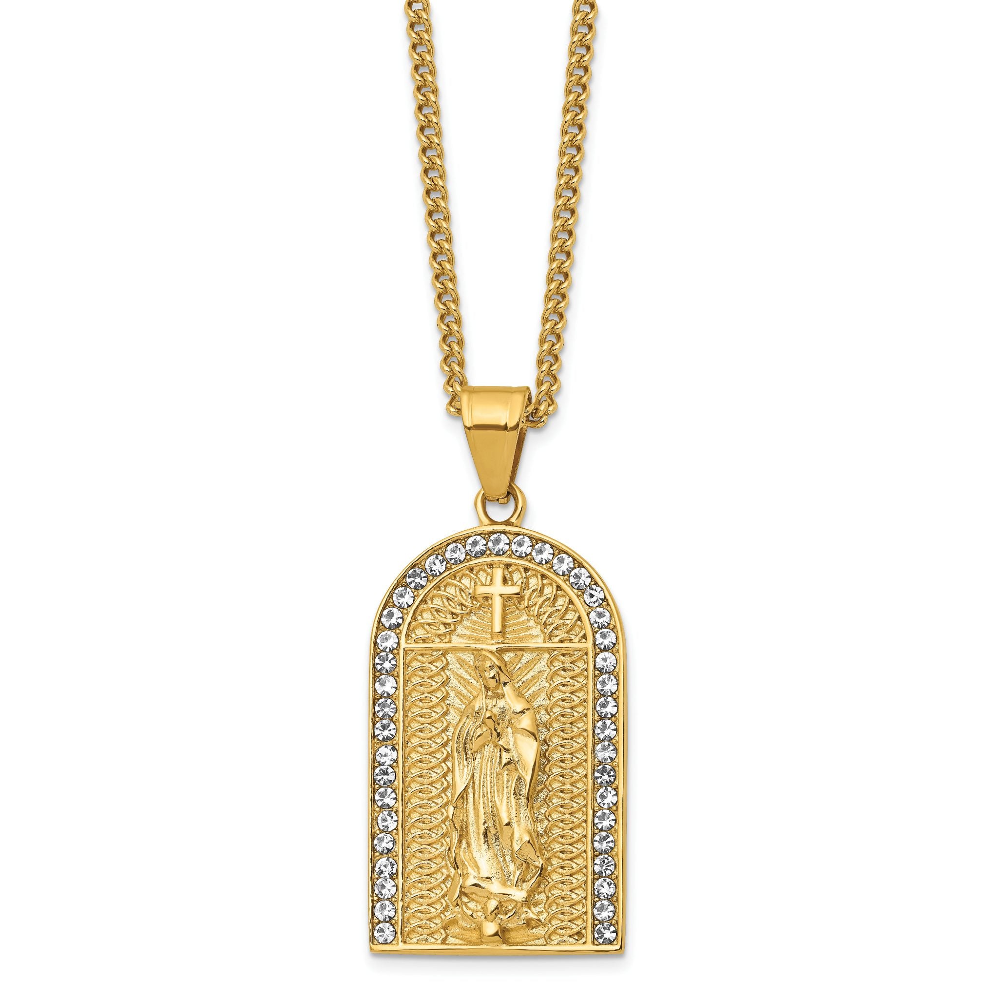 Chisel Stainless Steel Polished Yellow IP-plated with Crystal Blessed Mary Pendant on a 24 inch Curb Chain Necklace