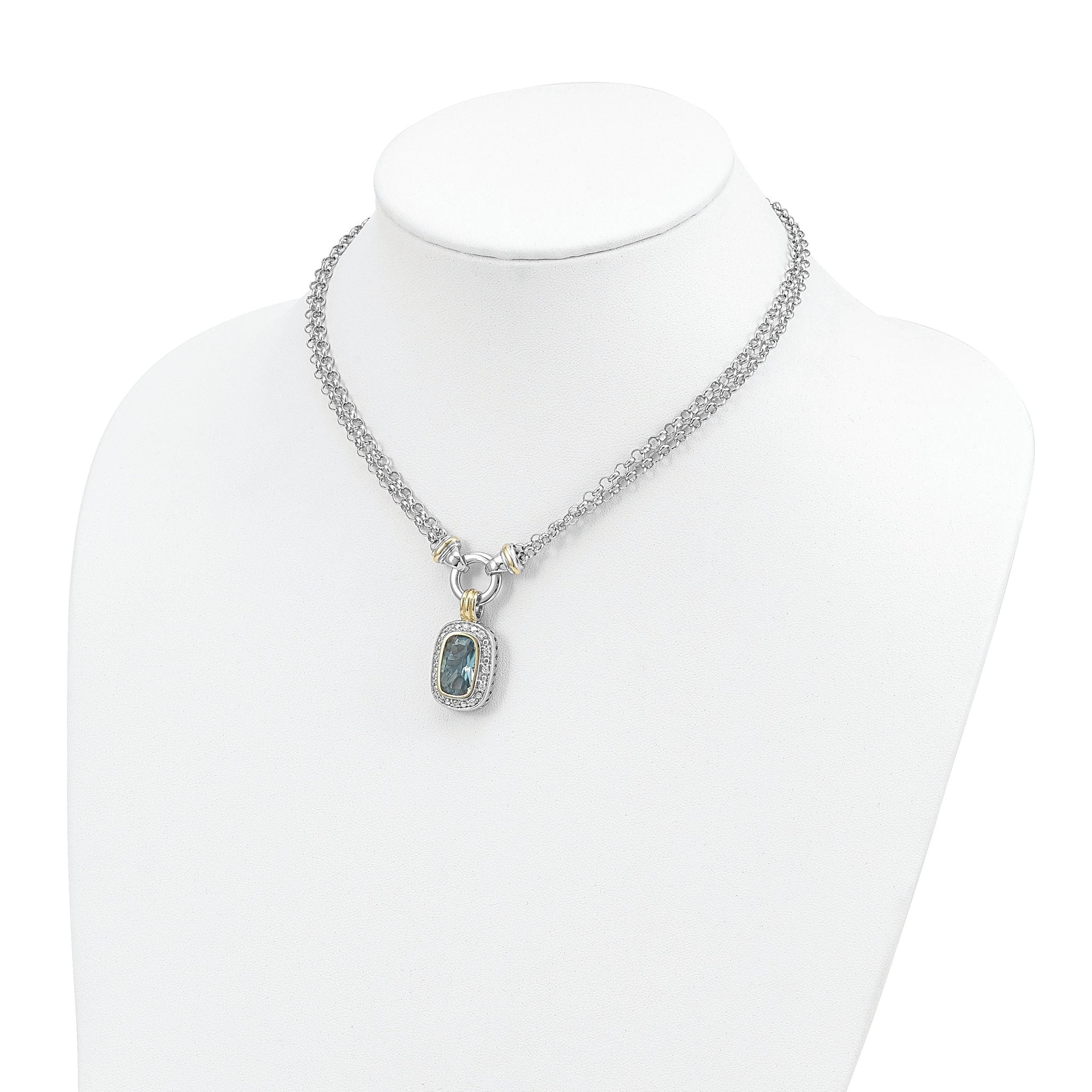 Sterling Silver Flash Gold-plated Clear and Blue CZ 16 inch Necklace