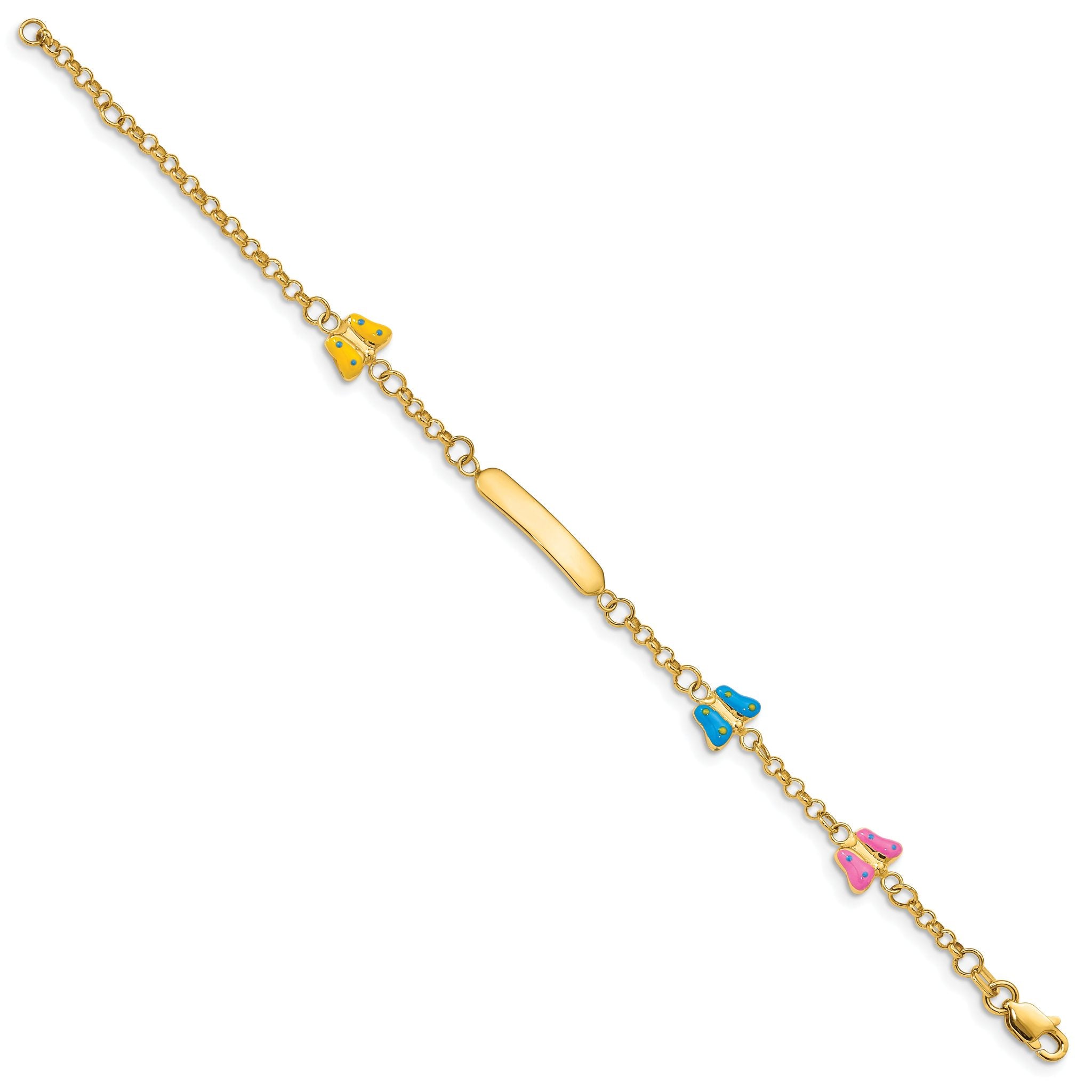 14k Polished Pink/Blue/Yellow Enamel Butterflies and 18x3mm Plate 6 inch Baby/Child ID Bracelet with 0.5 inch Extender Secondary image