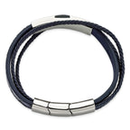 Stainless Steel Polished Blue Wood Multi Strand Blue Leather Bracelet with . Extension