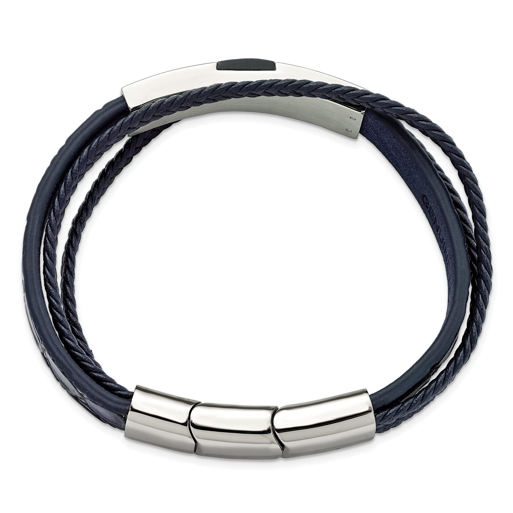 Stainless Steel Polished Blue Wood Multi Strand Blue Leather Bracelet with . Extension